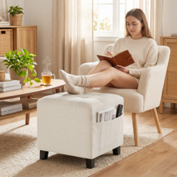 HOMCOM Small Ottoman, Square Footstool with Side Pocket, Rubber Wood Legs and Padded Seat for Living Room, Beige - thumbnail 2