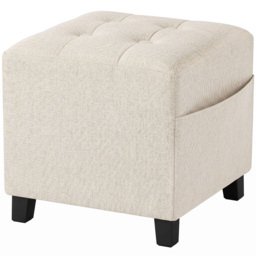 HOMCOM Small Ottoman, Square Footstool with Side Pocket, Rubber Wood Legs and Padded Seat for Living Room, Beige