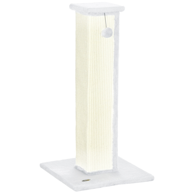 PawHut 81cm Cat Scratcher, Vertical Full Scratcher w/ Natural Sisal Rope, Hanging Ball, Soft Plush - White - image 1