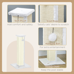 PawHut 81cm Cat Scratcher, Vertical Full Scratcher w/ Natural Sisal Rope, Hanging Ball, Soft Plush - White - thumbnail 5