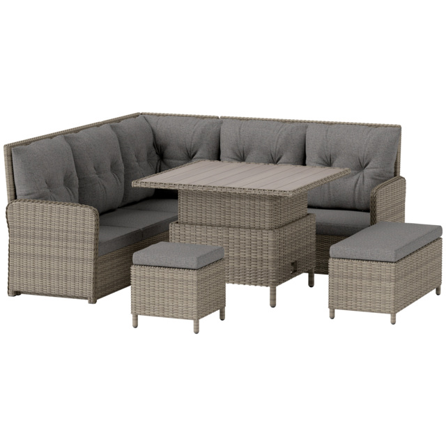 Outsunny 6 Pieces Outdoor PE Rattan Garden Furniture, Patio Wicker Sectional Conversation Corner Sofa w/ Liftable Coffee Table, Light Grey - Aosom UK - image 1