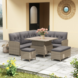 Outsunny 6 Pieces Outdoor PE Rattan Garden Furniture, Patio Wicker Sectional Conversation Corner Sofa w/ Liftable Coffee Table, Light Grey - Aosom UK - thumbnail 2