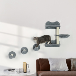 PawHut Wall-Mounted Cat Shelf Set, 4-Piece with Scratching Post, Space-Saving Design for Indoor Cats, Grey - Aosom UK - thumbnail 2
