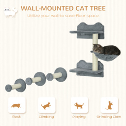 PawHut Wall-Mounted Cat Shelf Set, 4-Piece with Scratching Post, Space-Saving Design for Indoor Cats, Grey - Aosom UK - thumbnail 4