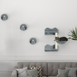 PawHut Wall-Mounted Cat Shelf Set, 4-Piece with Scratching Post, Space-Saving Design for Indoor Cats, Grey - Aosom UK - thumbnail 9