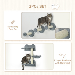 PawHut Wall-Mounted Cat Shelf Set, 4-Piece with Scratching Post, Space-Saving Design for Indoor Cats, Grey - Aosom UK - thumbnail 5