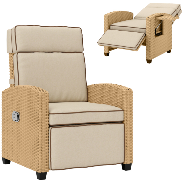 Outsunny Rattan Garden Recliner Chair, Adjustable Backrest Reclining Rattan Chair with Flip Table, Cushion and Footrest, Indoor Outdoor Lounge Reclining Sun Lounger for Patio, Yellow/Beige - image 1