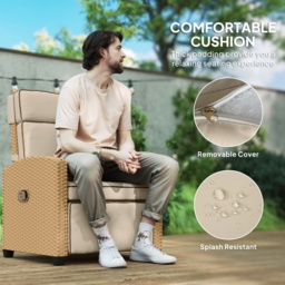 Outsunny Rattan Garden Recliner Chair, Adjustable Backrest Reclining Rattan Chair with Flip Table, Cushion and Footrest, Indoor Outdoor Lounge Reclining Sun Lounger for Patio, Yellow/Beige - thumbnail 7