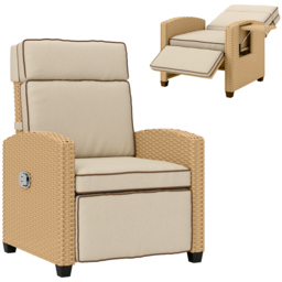 Outsunny Rattan Garden Recliner Chair, Adjustable Backrest Reclining Rattan Chair with Flip Table, Cushion and Footrest, Indoor Outdoor Lounge Reclining Sun Lounger for Patio, Yellow/Beige