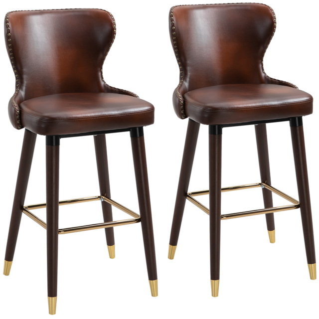 HOMCOM Bar Chair Set of 2, PU Leather Vintage Counter-Height Bar Stool, Luxury European Style Kitchen Stools with Back, Brown - Aosom UK - image 1