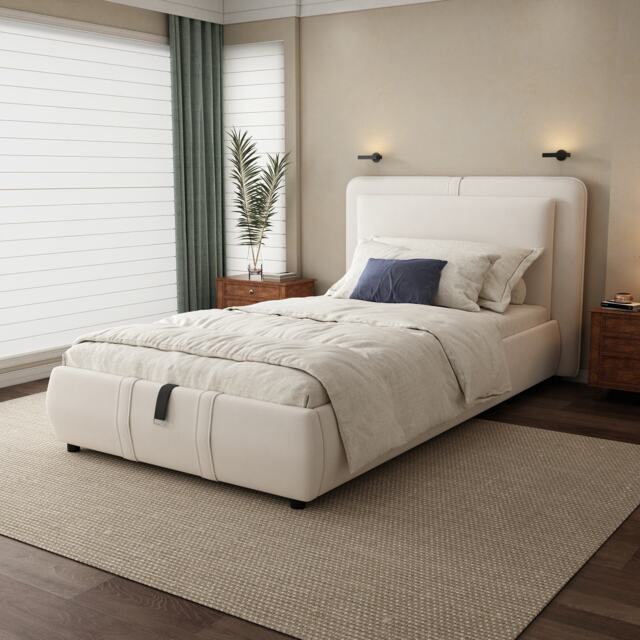 Upholstered Hydraulic Bed with Storage and Removable Headboard, Crafted Headboard with Velvet and Plywood, 210L x 110W x 90H cm, Beige - Aosom UK - image 1