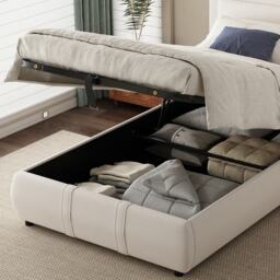 Upholstered Hydraulic Bed with Storage and Removable Headboard, Crafted Headboard with Velvet and Plywood, 210L x 110W x 90H cm, Beige - Aosom UK - thumbnail 9