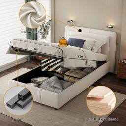 Upholstered Hydraulic Bed with Storage and Removable Headboard, Crafted Headboard with Velvet and Plywood, 210L x 110W x 90H cm, Beige - Aosom UK - thumbnail 4