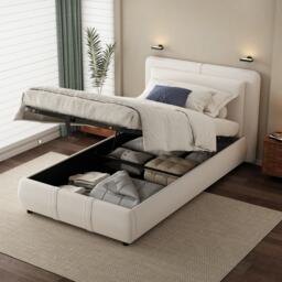 Upholstered Hydraulic Bed with Storage and Removable Headboard, Crafted Headboard with Velvet and Plywood, 210L x 110W x 90H cm, Beige - Aosom UK - thumbnail 7
