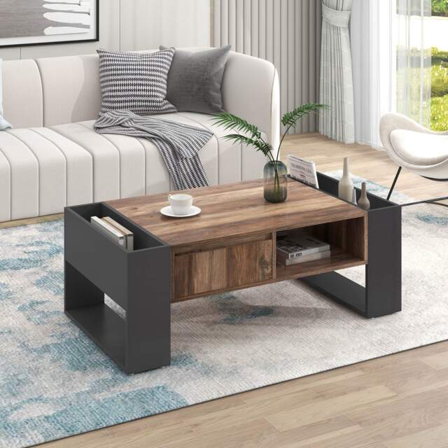 Wood Coffee Table with Handleless Drawer and Doublesided Storage, Settee Side Table with Industrial Design, 106.4x60x40 cm, Black+Gray - Aosom.UK - image 1