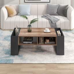 Wood Coffee Table with Handleless Drawer and Doublesided Storage, Settee Side Table with Industrial Design, 106.4x60x40 cm, Black+Gray - Aosom.UK - thumbnail 4