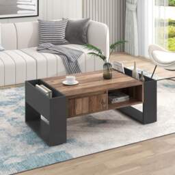 Wood Coffee Table with Handleless Drawer and Doublesided Storage, Settee Side Table with Industrial Design, 106.4x60x40 cm, Black+Gray - Aosom.UK