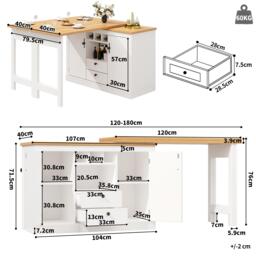 Extendable Bar Table with Smart Pull-Out System, Multifunctional Sideboard with Adjustable Compartments, 120-180L x 40W x 76H cm, White - Aosom UK - thumbnail 3