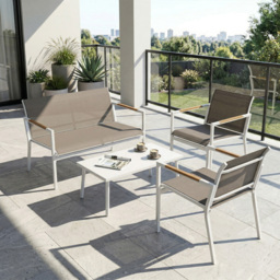 Outsunny 4 Seater Garden Furniture Set with Loveseat, Armchairs, Table, Metal Garden Sofa Set with Breathable Seats, Khaki - thumbnail 9