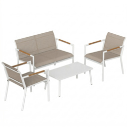 Outsunny 4 Seater Garden Furniture Set with Loveseat, Armchairs, Table, Metal Garden Sofa Set with Breathable Seats, Khaki - thumbnail 1