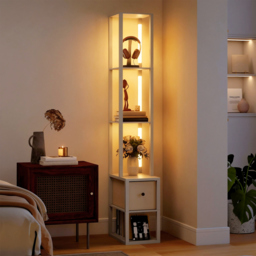HOMCOM Floor Lamp with Shelves, LED Column Modern Standing Lamp with Fabric Drawer, Adjustable Brightness, Foot Switch for Living Room, Bedroom, Office, Oak - thumbnail 2