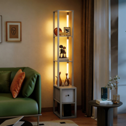 HOMCOM Floor Lamp with Shelves, LED Column Modern Standing Lamp with Fabric Drawer, Adjustable Brightness, Foot Switch for Living Room, Bedroom, Office, Oak - thumbnail 7