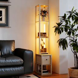 HOMCOM Floor Lamp with Shelves, LED Column Modern Standing Lamp with Fabric Drawer, Adjustable Brightness, Foot Switch for Living Room, Bedroom, Office, Oak - thumbnail 8