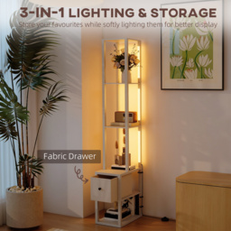 HOMCOM Floor Lamp with Shelves, LED Column Modern Standing Lamp with Fabric Drawer, Adjustable Brightness, Foot Switch for Living Room, Bedroom, Office, Oak - thumbnail 4