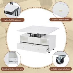 Extendable Lift-Top Coffee Table with 2 Lift-Up Tabletops, Space-Saving Dining Table with four drawers, 100L x 50W x 47.5H cm, White - Aosom UK - thumbnail 5