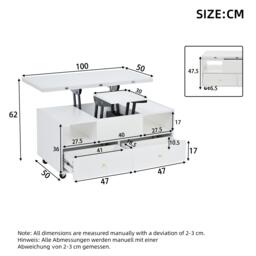 Extendable Lift-Top Coffee Table with 2 Lift-Up Tabletops, Space-Saving Dining Table with four drawers, 100L x 50W x 47.5H cm, White - Aosom UK - thumbnail 3