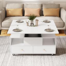 Extendable Lift-Top Coffee Table with 2 Lift-Up Tabletops, Space-Saving Dining Table with four drawers, 100L x 50W x 47.5H cm, White - Aosom UK - thumbnail 7