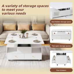 Extendable Lift-Top Coffee Table with 2 Lift-Up Tabletops, Space-Saving Dining Table with four drawers, 100L x 50W x 47.5H cm, White - Aosom UK - thumbnail 4