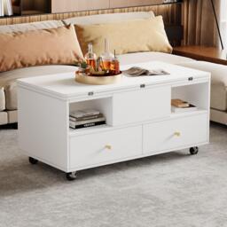 Extendable Lift-Top Coffee Table with 2 Lift-Up Tabletops, Space-Saving Dining Table with four drawers, 100L x 50W x 47.5H cm, White - Aosom UK - thumbnail 8