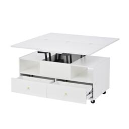 Extendable Lift-Top Coffee Table with 2 Lift-Up Tabletops, Space-Saving Dining Table with four drawers, 100L x 50W x 47.5H cm, White - Aosom UK - thumbnail 2