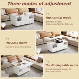 Extendable Lift-Top Coffee Table with 2 Lift-Up Tabletops, Space-Saving Dining Table with four drawers, 100L x 50W x 47.5H cm, White - Aosom UK - thumbnail 6