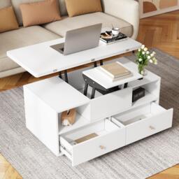 Extendable Lift-Top Coffee Table with 2 Lift-Up Tabletops, Space-Saving Dining Table with four drawers, 100L x 50W x 47.5H cm, White - Aosom UK - thumbnail 1