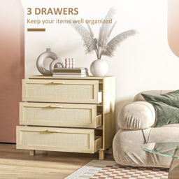 HOMCOM Chest of Drawer and Nightstands, Boho Rattan Furniture Set, Nature Wood Finish - thumbnail 5