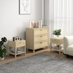HOMCOM Chest of Drawer and Nightstands, Boho Rattan Furniture Set, Nature Wood Finish - thumbnail 2