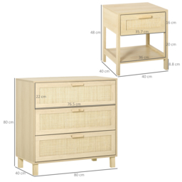 HOMCOM Chest of Drawer and Nightstands, Boho Rattan Furniture Set, Nature Wood Finish - thumbnail 3