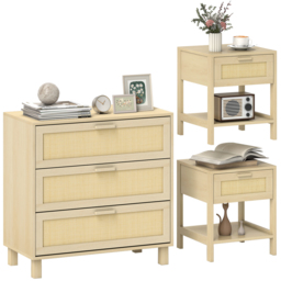 HOMCOM Chest of Drawer and Nightstands, Boho Rattan Furniture Set, Nature Wood Finish - thumbnail 1