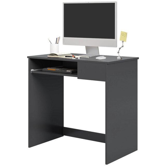 HOMCOM Computer Table with Keyboard Tray and Drawer, Compact Computer Desk, Study Desk, Writing Desk for Home Office, Grey - Aosom UK - image 1