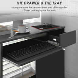 HOMCOM Computer Table with Keyboard Tray and Drawer, Compact Computer Desk, Study Desk, Writing Desk for Home Office, Grey - Aosom UK - thumbnail 4