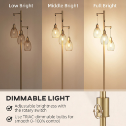 HOMCOM 170.5cm Industrial Dimmable Standing Lamp, 3-Light Floor Lamp with Steel Wire Cage Lampshades, Gold Tone - thumbnail 4