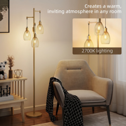 HOMCOM 170.5cm Industrial Dimmable Standing Lamp, 3-Light Floor Lamp with Steel Wire Cage Lampshades, Gold Tone - thumbnail 5