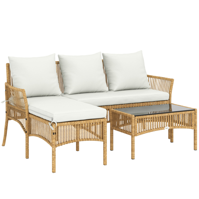 Outsunny 3 Piece Rattan Garden Furniture Corner Sofa Set with Chaise Lounge, Loveseat, Glass Coffee Table, Cushions, Natural Wood - image 1