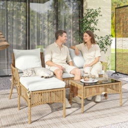 Outsunny 3 Piece Rattan Garden Furniture Corner Sofa Set with Chaise Lounge, Loveseat, Glass Coffee Table, Cushions, Natural Wood - thumbnail 2