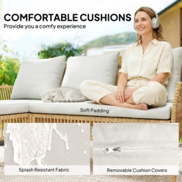 Outsunny 3 Piece Rattan Garden Furniture Corner Sofa Set with Chaise Lounge, Loveseat, Glass Coffee Table, Cushions, Natural Wood - thumbnail 6