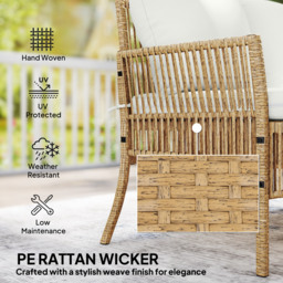 Outsunny 3 Piece Rattan Garden Furniture Corner Sofa Set with Chaise Lounge, Loveseat, Glass Coffee Table, Cushions, Natural Wood - thumbnail 5