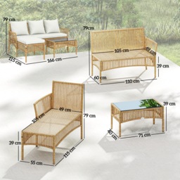 Outsunny 3 Piece Rattan Garden Furniture Corner Sofa Set with Chaise Lounge, Loveseat, Glass Coffee Table, Cushions, Natural Wood - thumbnail 3