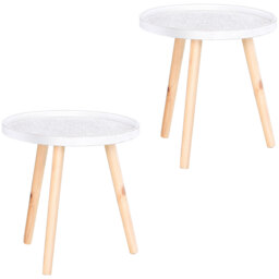 HOMCOM Carved Elegance: Set of 2 Floral Coffee Tables with Tray Top, Wooden Legs, Modern Round Side Tables, White - Aosom UK